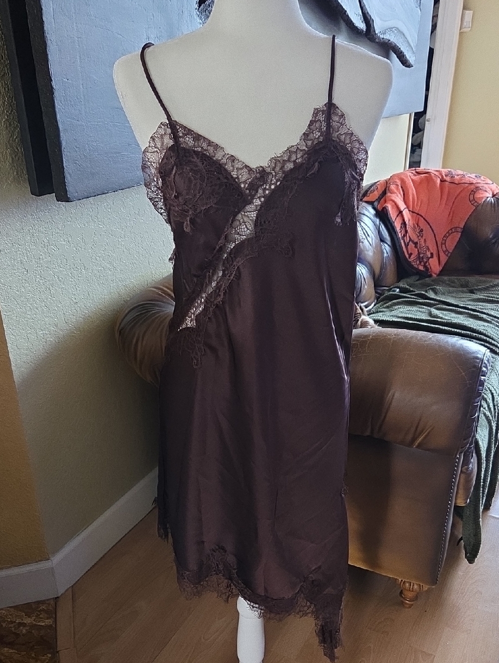 Lace-Trim Satin Slip Dress in Deep Brown